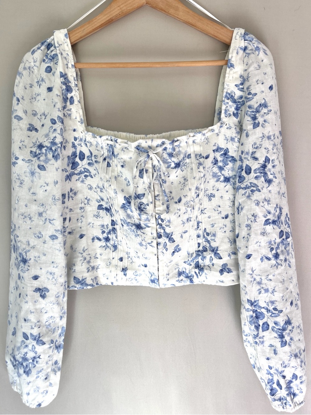 Joie Blue White Linen Blend Milkmaid Floral Puff Sleeve Top M